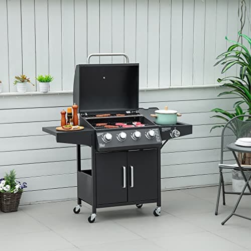 Outsunny 4 Burner Propane Gas Grill, 50,000 BTU Steel Outdoor Barbeque/Barbecue with Side Burner, Wheels, Warming Rack, Shelf, Cabinet, Thermometer, Black