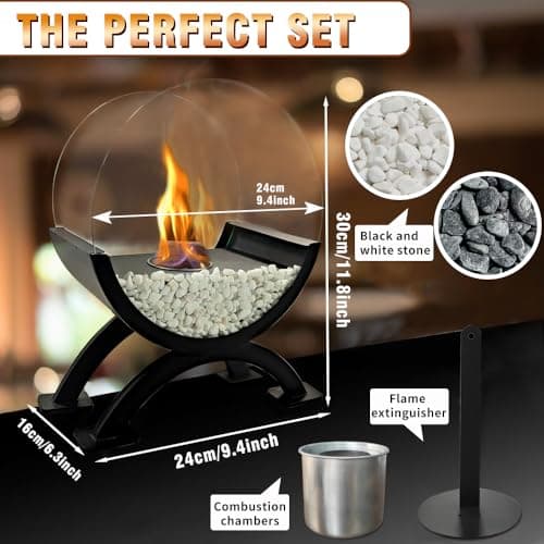 Round Glass Large Tabletop Fireplace 12.5" H Portable Fire Bowl Pot Clean Burning Bio Ethanol Ventless Fireplace for Indoor Outdoor Patio Parties Events(Black)