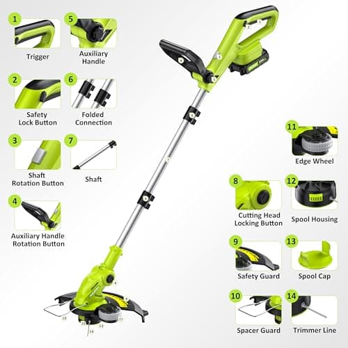 Electric String Trimmer Cordless with 2x2.0Ah Battery, 20V Battery Powered 12-inch Lawn Mover & Edger Lawn Tool with Charger, Powered Grass Trimmer with 8pcs Spool Line for Yard, Garden, Green