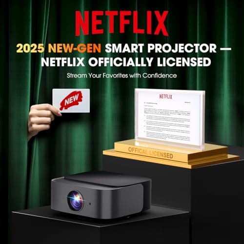 [2025 Netflix-Official | 386+ Built-in Apps] DBPOWER E2 Smart Projector with WiFi and Bluetooth, Mini Projector 4K Support with Netflix, Youtube, Disney+, Hulu, Max, Crunchyroll w Portable Case