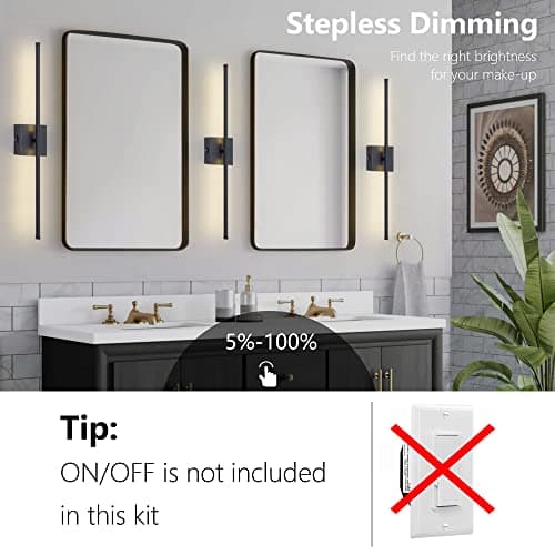 Modern Wall Sconces Set of Two, Dimmable Hardwired Wall Sconces, 350° Rotate, LED Matte Black Wall Light Fixtures, 3000K Warm Light Wall Lamp for Bathroom, Living Room, 27.8 Inch (2 Pack)