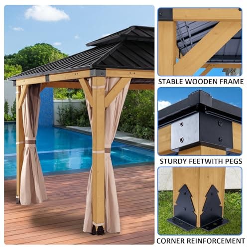 StarEcho 10'x12' Wooden Hardtop Gazebo,Wood Heavy Duty Solid Cedar Gazebos with Mosquito Netting and Waterproof Curtains,Outdoor Metal Canopy for Backyard,Lawn, Garden, Deck