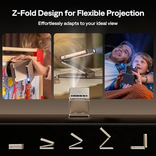 ZIP Tri-Fold Truly Portable DLP Projector, Pocket Size, Zero-Lag Focus, One-Click Screen Mirroring, Full-Screen Mode, Type-C Fast Charging, 5,000mAh Battery, Indoor Outdoor Mini Projector, Gold