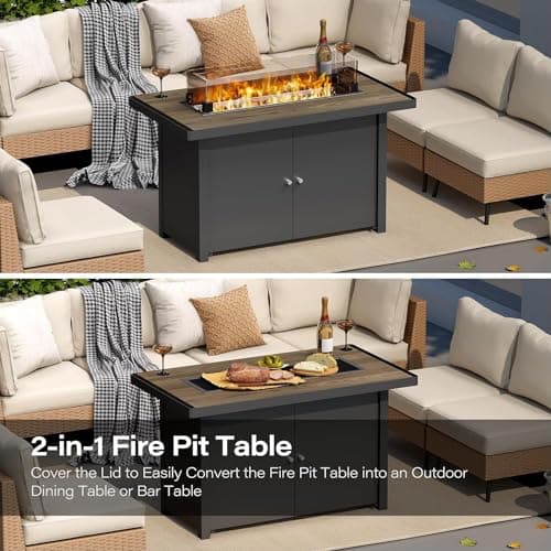 LAUSAINT HOME Propane Fire Pit Table 43 Inch with Lid, 55,000 BTU Gas Fire Pits for Outside Patio with Glass Wind Guard, Gray Glass Beads