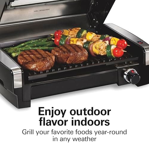 Hamilton Beach Electric Indoor Searing Grill with Viewing Window & Adjustable Temperature Control to 450F, 118 sq. in. Surface Serves 6, PFAS-Free Removable Nonstick Grate, Stainless Steel