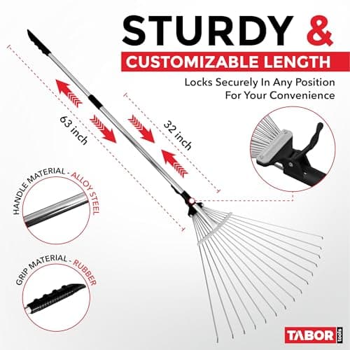 TABOR TOOLS Adjustable Metal Rake - Collapsible & Telescopic - Garden, Yard, & Lawn - Ideal for Leaves, Shrubs & Small Areas. J16A