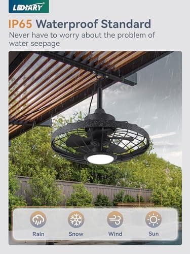 LEDIARY 20" Outdoor Ceiling Fans with Lights and Remote Control, Waterproof Caged Ceiling Fan with 3 Color LED Light,Portable Hanging Gazebo Fan with Plug in Cord Hook for Patios,Black
