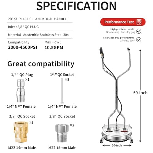 20" Pressure Washer Surface Cleaner with 4 Wheels - Stainless Steel Dual Handle Surface Cleaner for Pressure Washer Attachment for Concrete, Patio, Sidewalk, Deck and Driveways