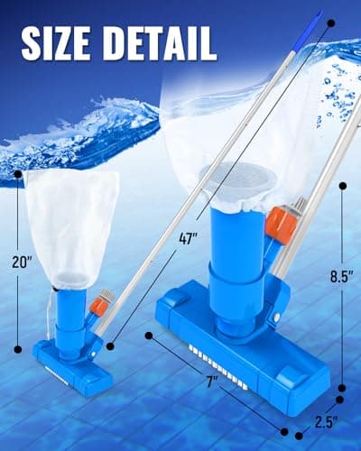 Portable Pool Vacuum for Above Ground Pool, Jet Underwater Cleaner with 3 Scrub Brush, Mesh Bag and 5 Section Pole of 47", Attach to Common Garden Hose, Light Blue