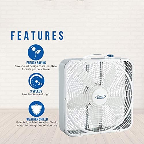 Lasko Weather-Shield Performance Box Fan, 3 Speeds, Innovative Wind Ring System for Up to 30% More Air, Carry Handle for Bedroom, Office, Home, 20 Inch, White, 3720