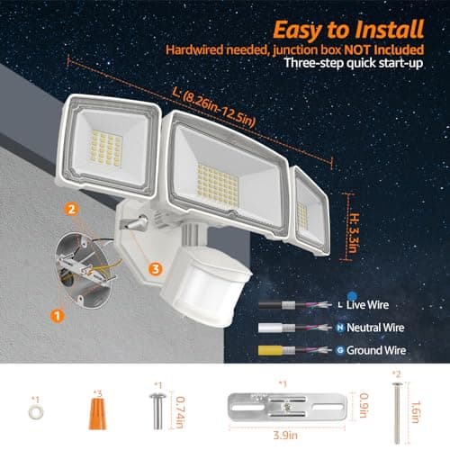 HGGH Motion Sensor Outdoor Lights – Flood Lights Outdoor Security Light, LED Floodlights IP65 Waterproof 6000K 38W 4200LM with 3 Adjustable Heads, Exterior Light for House, Backyard, Porch