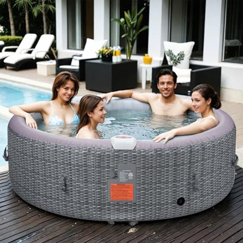 82" Inflatable Hot Tub for 4-6 People, Portable Outdoor Spa with 130 Soothing Bubble Jets, Smart Heating up to 104°F, with Insulated Cover, 6 Filters, PE Floor Mat, 110-120V Input (Laminated PVC)