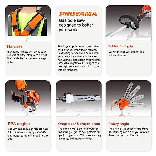 PROYAMA 90-180 Degree 42.7cc Head Adjustable Pole Chainsaw for Tree Trimming with 12 inch OREGON Cutting Bar & OREGON Chain 38-inch Extension for a 15ft Reach Gas Cordless Pole Saw