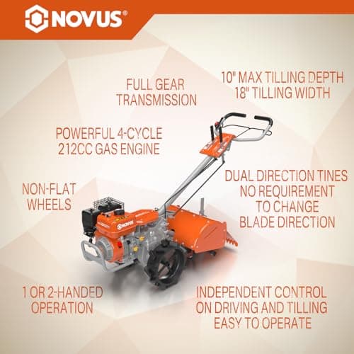 NOVUS18-Inch 212cc Dual Direction Rear Tine Tiller, Full Gear Transmission, Dual Rotating Tines, Airless Tires, Gas Tiller for Gardenig, Garden tillers Gas Powered