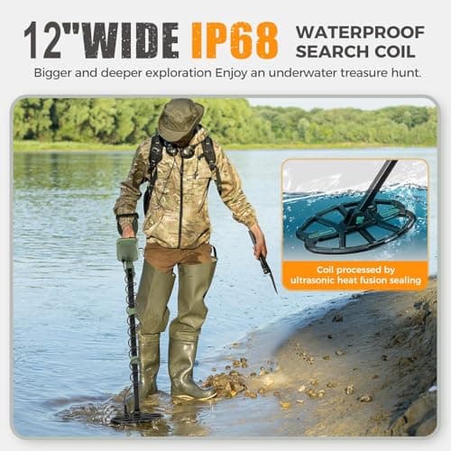 Metal Detector for Adults,12" IP68 Waterproof Search Coil with High Accuracy System,Advanced DSP Chip Technology,5 Modes with LCD Backlit Display for Beach Hunting&Jewelry Finding