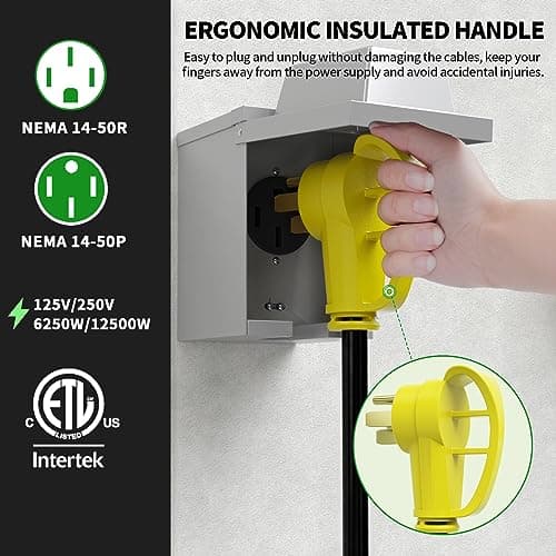 50 Amp RV/EV Extension Cord 25 FT Outdoor with Grip Handle, Flexible Heavy Duty 6/3+8/1 Gauge STW 4 Prong RV Power Cord Waterproof, NEMA 14-50P to 14-50R, Black-Yellow, ETL Listed
