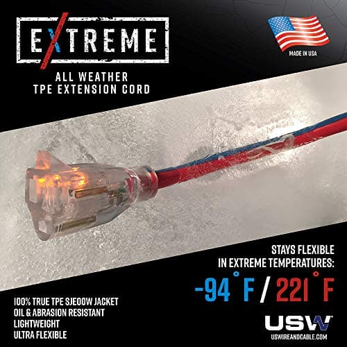 US Wire 99025 12/3 25-Foot SJEOW TPE Cold Weather Extension Cord Blue with Lighted Plug