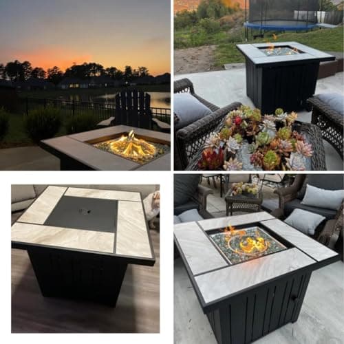 30" Propane Fire Pit with Real Ceramic Tabletop, 50000 BTU Gas Firepit Table with Lid & Glass Rock, Outdoor Fire Pit for Dining or Party, Firepit for Outside, Patio, Garden, Yard