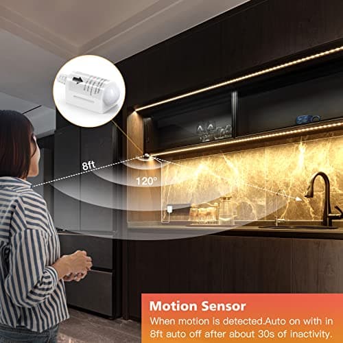 WOBANE LED Strip Lights, Motion Sensor Light Strip with Remote and Adapter, Night Light, Dimmable Function, 16.4ft Tape Lighting for Kitchen, Under Cabinet, Bedroom, Shelf, Bed, 3000K Warm White