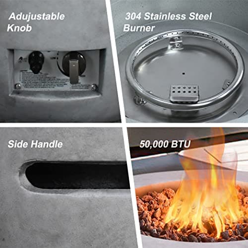 Kante 25 Inch Propane Fire Table, 50,000 BTU Large Concrete Fire Pit Table for Outdoor Garden Patio, Smokeless Gas Fire Pit with Waterproof Cover, Side Handles, Concrete (A-B01-80021)