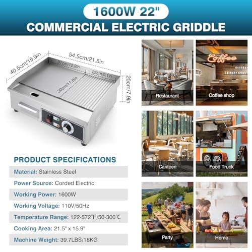 IRONWALLS Electric Griddle Nonstick 22 Inch, 1600W Stainless Steel Commercial Griddle for Indoor & Outdoor, 2-IN-1 Half Flat Top Griddle Grill for Restaurant & Home, 122℉-572℉ Adjustable Temperature