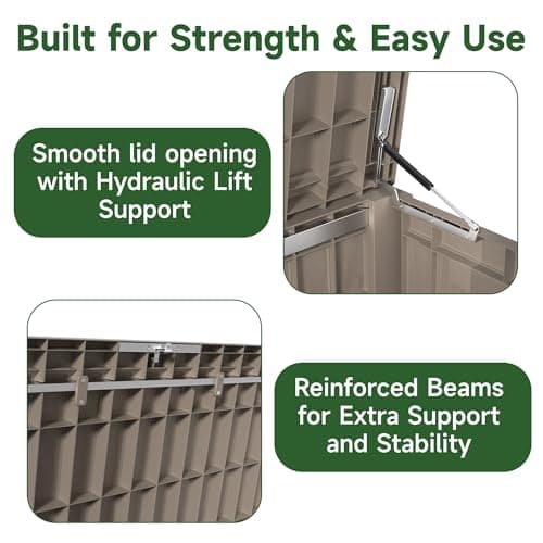 150 Gallon Outdoor Storage Box, Resin Waterproof UV-Resistant Deck Box with Hydraulic Lid Support, Reinforced Stability for Patio, Garden, and Poolside, Striped Beige