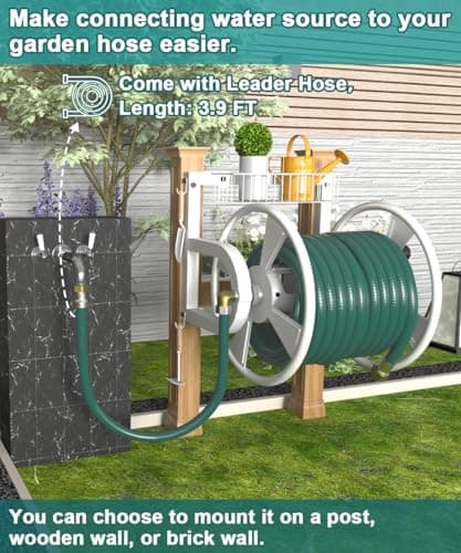 Outdoor Wall Mounted Hose Reel with Hook, Garden Heavy-Duty Water Hose Holder Winder with 3.9 ft Leader Hose, Brass Fitting and Storage Basket for Yard, Holds 125 Ft of 5/8-Inch Hose, White