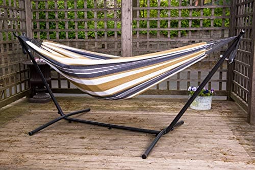 Vivere Double Cotton Hammock with Space Saving Steel Stand, Upgraded Polyester End Strings 450 lb Capacity - Premium Carry Bag Included - USA Grown Cotton (Desert Moon)