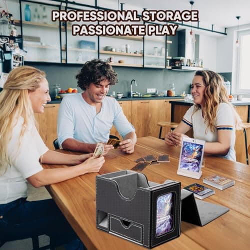 Flooyes MTG Commander Deck Box, Card Storage Box Fits 100 Double-Sleeved Cards, 35pt Card Brick, Dice Tray & Dice Pool, PU Leather Strong Magnet Card Deck Case for Magic Commander TCG CCG, Black/Grey
