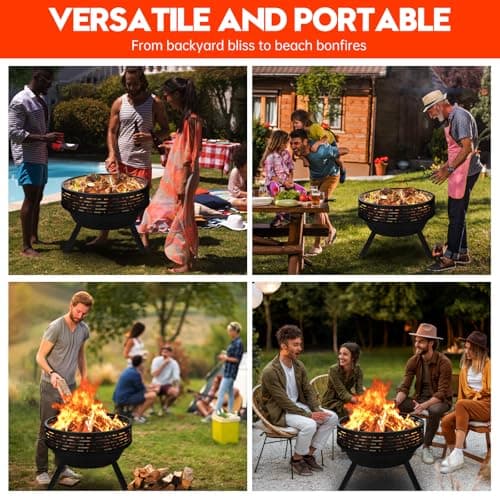 23 Inch Cast Iron Round Fire Pit with Grill, 3-in-1 Outdoor Fire Bowl, Fire Pit Table with Metal Lid and Fire Poker, Wood Burning Firepit for BBQ Bonfire Patio Picnic
