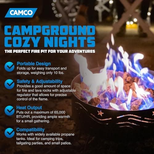 Camco 58041 Portable Campfire Outdoor Propane Heater Compact Fire Pit with Lava Rocks for Camping, Tailgating, and Patios, Black