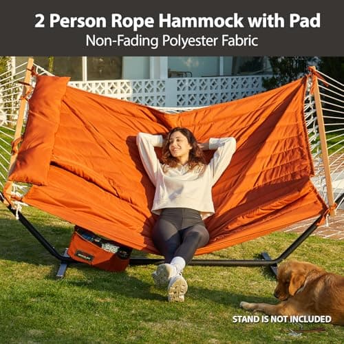 Outdoor Double Hammock with Hardwood Spreader Bars, Cotton Rope Hammock with Polyester Pad and Pillow, 475 LBS Capacity 2 Person Hammock, Large Hammock for Patio Backyard Poolside - Terracotta