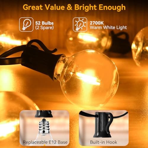 100ft Outdoor String Lights Waterproof/Connectable/Dimmable with 52 LED Shatterproof Bulbs,2-Pack 50ft UL Listed Globe G40 String Lights Outside Lighting for Patio Backyard Cafe Party Wedding Garden
