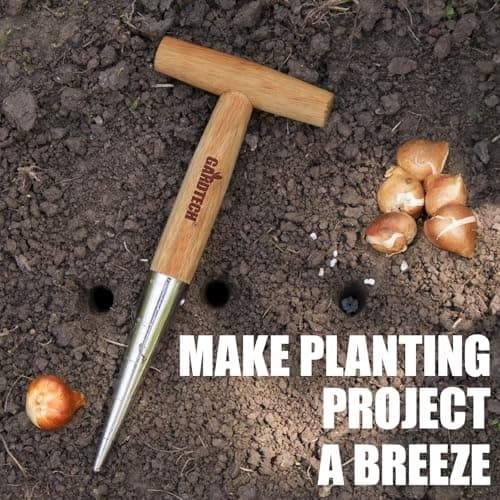 Gardtech 4 x Flower Bulb Planting Wood Tools, Stainless Steel Dibber with Calibration, Seed Plant Set Dibber & Fork, Sowing Seed Dispenser for Garden Planting…