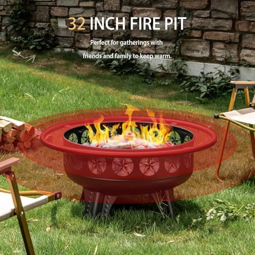 3-in-1 Fire Pit with Swivel Cooking Grate, 32 Inch Wood Burning Firepit with Grill, Outdoor Fire Pits Table with Metal Lid and Poker for Outside Patio Backyard BBQ Bonfire Camping (Black)