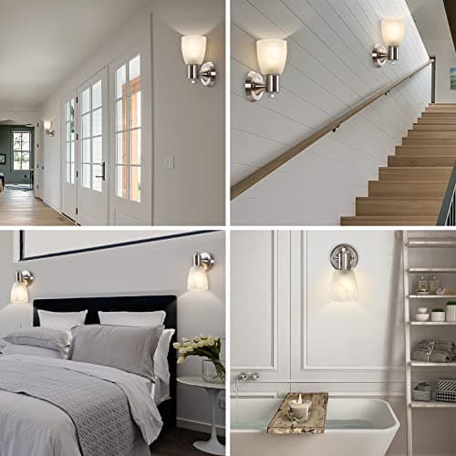 Wall Sconces Set of 2, Brushed Nickel Vanity Lights for Bathroom, Modern Wall Light Fixtures with Rotary Switch, Wall Mount Light with Frosted Glass, Farmhouse Wall Lamp for Bedroom Living Room