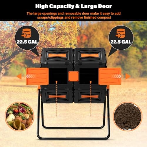 Compost Tumbler, Easy Assemble & Efficient Outdoor Compost Bin, 45 Gallon/170 Liter Large Dual Chamber Rotating Composter for Garden, Kitchen, and Yard Waste, Orange Door