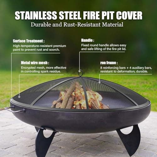 Fire Pit Spark Screen, 24Inch Fire Pit Lid Outdoor with Handle & Poker, Heavy-Duty Mesh Firepit Cove with 12 Reinforced Bars for Backyard/Beach/RV Camping