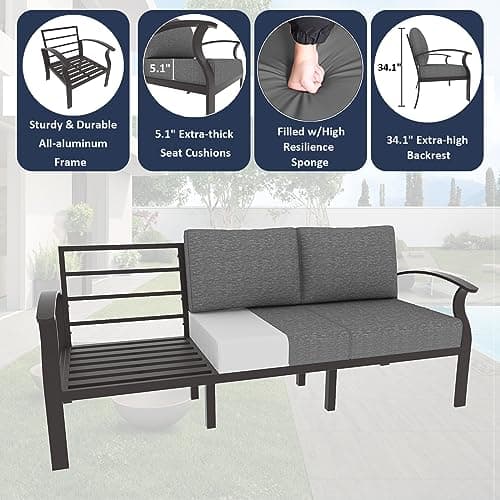 ALAULM Aluminum Patio Furniture Set with Propane Fire Pit Table 5-seat Metal Outdoor Furniture w/Fire Pit Patio Sectional Sofas w/5.2" Cushions for Patio, Backyard, Poolside-Grey