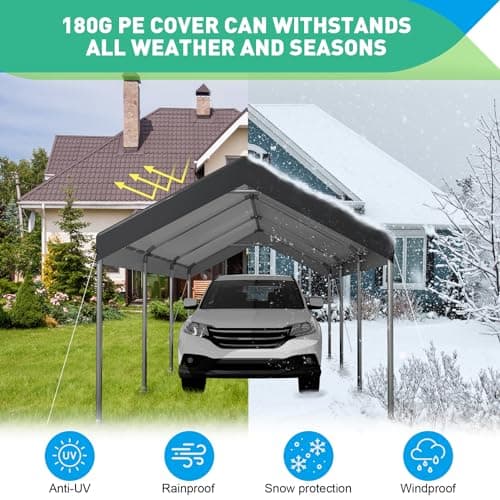12x20 Ft Heavy Duty Carport, Portable Garage with Doors, Ventilated Windows, Waterproof and UV Resistant Carport Canopy for Cars, Boats, Suvs, Gray