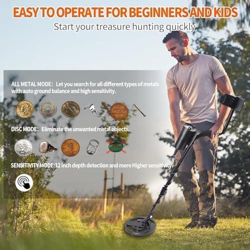 Metal Detector for Adults & Kids - Adjustable Stem, High Accuracy & 10" Waterproof Coil. Disc/All Metal Modes for Coin & Gold Detection by Beginners