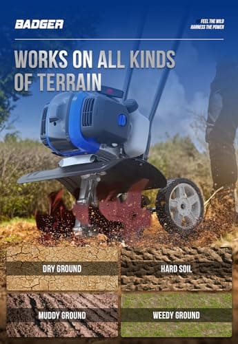 Garden Tiller 53cc Mini Cultivator 15 inch Powerful Liftable Booster Rod Tilling Tool for Lawn, Garden and Field Soil Cultivation