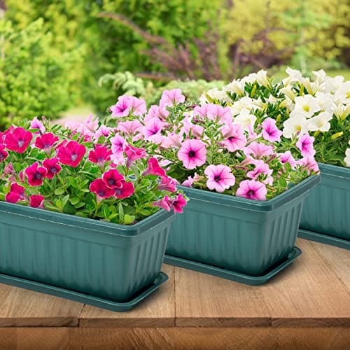Fasmov 7 Pack 17 Inches Flower Window Box Plastic Vegetable Planters with Trays Vegetables Growing Container Garden Flower Plant Pot with 7 Pcs Plant Labels for Balcony, Patio, Garden, Green