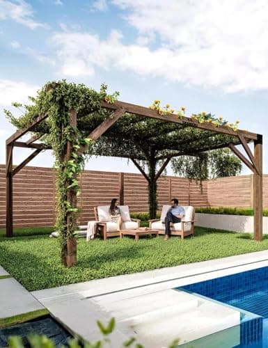 12'X 14' Cedar Wood Pergola,Wood Patio Pergola with Retractable Shade Canopy,All-Season Durability, High-Wind Rating,Shade for Outdoor Patio, Deck, Garden, and Entertaining