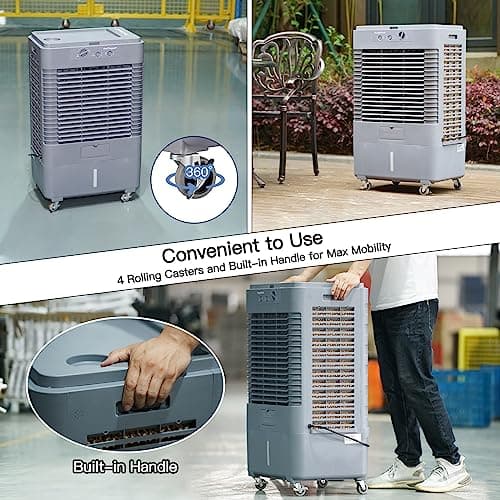 37" Evaporative Air Cooler 3000 CFM, 8 Gal Water Tank, 3 Speeds, Oscillating Cools up to 720 Sq. ft, Portable Industrial Swamp Water Cooler for Outdoor Commercial Factory - Gray