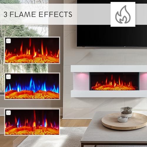 PuraFlame Alsa 44 Inch Wall Mounted Electric Fireplace All-in-One with Multi Ambient Light Colors, Remote, 1500W Heater, White
