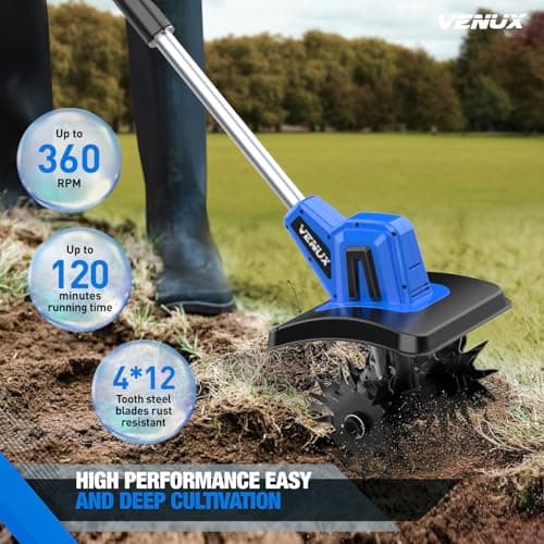 VENUX 20V Cordless Tiller Cultivator Electric Garden Tiller- 2 Batteries 4.0AH Included, 48 Steel Anti-Rust Tines 360RMP Tilling 9-in Width & 6.6-in Depth, Safety Gloves & Glasses Included