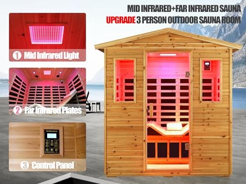 Outdoor Sauna 3 Person Infrared Sauna, Infrared Saunas for Home, 1950W Low EMF Far Infrared Sauna Old Fir Wooden Sauna with Beauty Red Light, Foldable Seat, Bluetooth, Chromotherapy Lamp, Reading Lamp