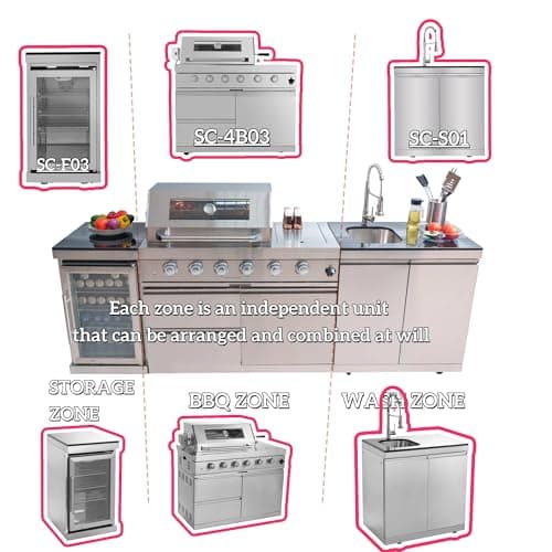 104 Inches 4-Burner 72000 BTU Deluxe Stainless Steel Gas Outdoor Kitchen Bar Barbecue Island Grill, Wine Cooler Compact Refrigerator, Rotisserie Kit, Granite Countertops, Stainless Steel Sink, Silver