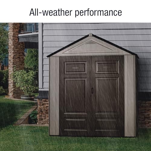 Rubbermaid Resin Outdoor Storage Shed With Floor (7 x 3.5 Ft.), Weather Resistant, Brown/Grey, Organization for Home/Lawn Mower/Backyard Equipment/Bike Storage/Pool Supplies